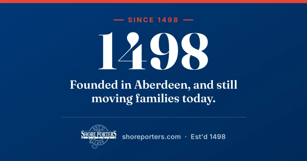 Shore Porters branded graphic: founded in 1498, still moving Aberdeen families today.