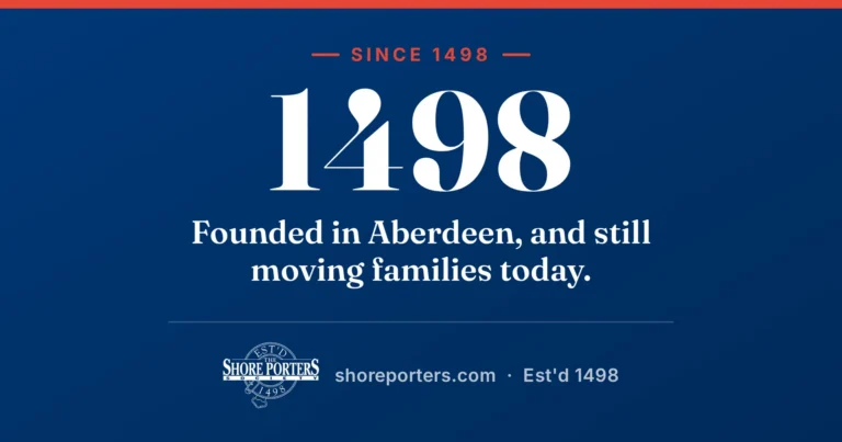 Shore Porters branded graphic: founded in 1498, still moving Aberdeen families today.