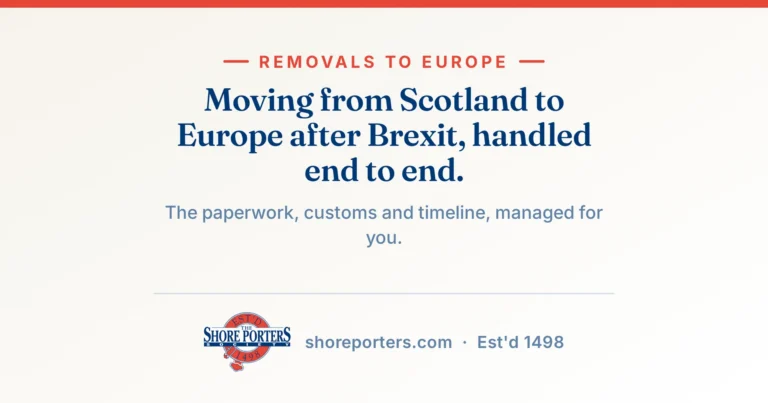 Shore Porters branded graphic: moving from Scotland to Europe after Brexit, handled end to end.