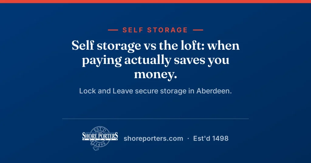 Shore Porters branded graphic: self storage vs the loft, when paying actually saves you money.