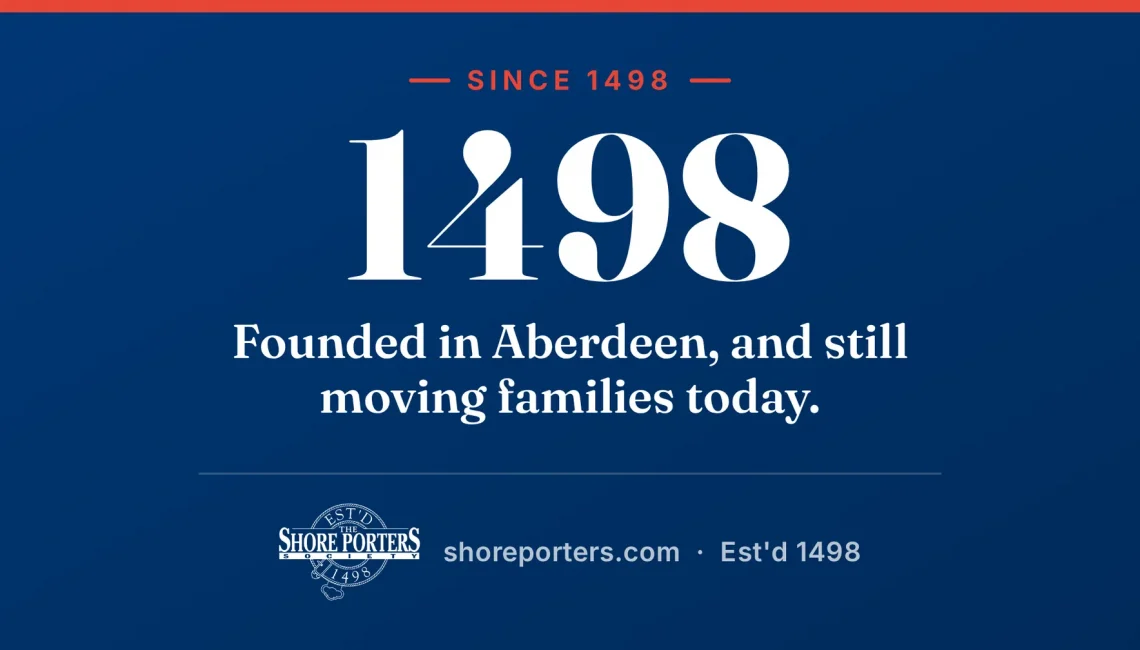 Shore Porters branded graphic: founded in 1498, still moving Aberdeen families today.