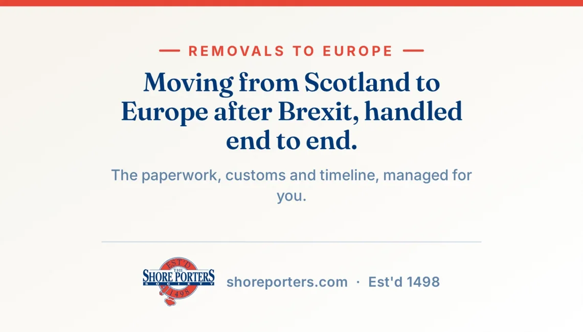 Shore Porters branded graphic: moving from Scotland to Europe after Brexit, handled end to end.